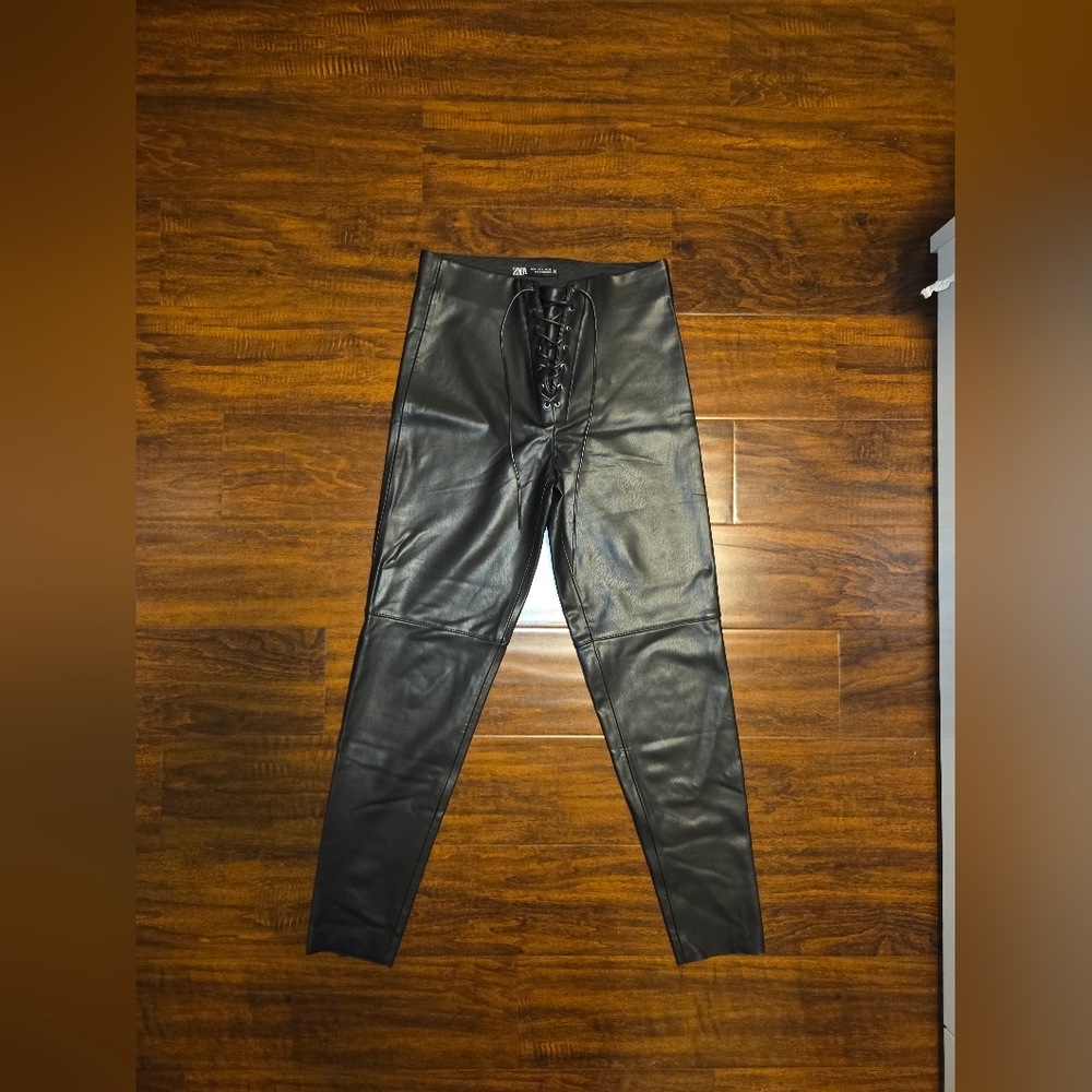 Black Lace-Up Faux Leather Pants